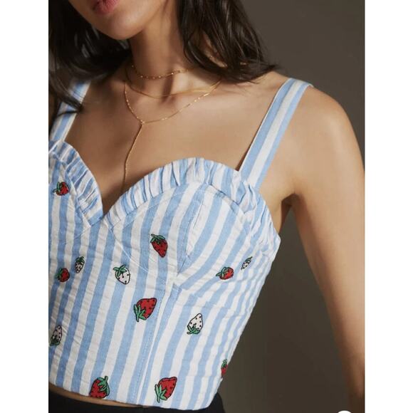 Maeve Tops - Maeve Anthropologie Striped Embroidered Strawberry Cami Top Blue 4 Coquette